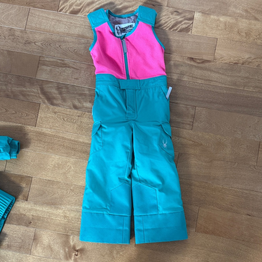 Spyder Teal and Pink Kids' Snowsuit/ ski suit with Fur Hood - Picture 2 of 9